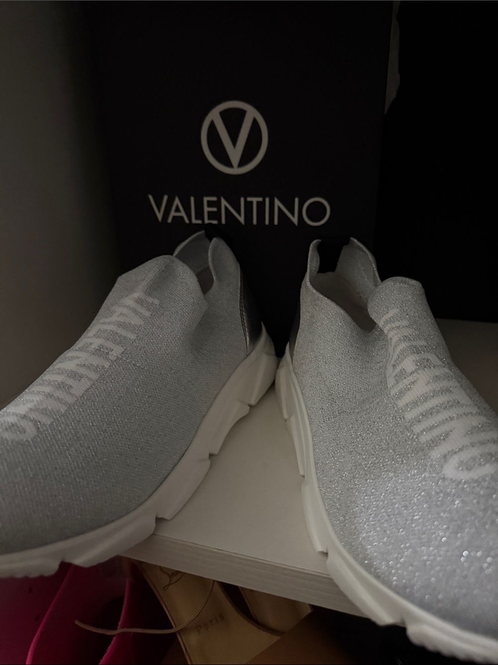 Valentino Silver Sparkle Knit Slip-On Sneakers